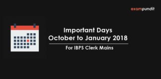 Important Days – October to January 2018 PDF for IBPS Clerk Mains