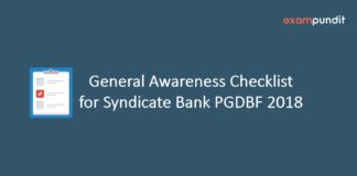 General Awareness Checklist for Syndicate Bank PGDBF 2018