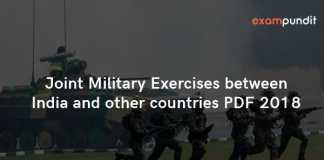 Joint Military Exercises between India and other countries PDF 2018