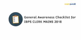 General Awareness Checklist for IBPS Clerk Mains 2018