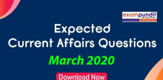 Expected Questions from March 2020 Current Affairs